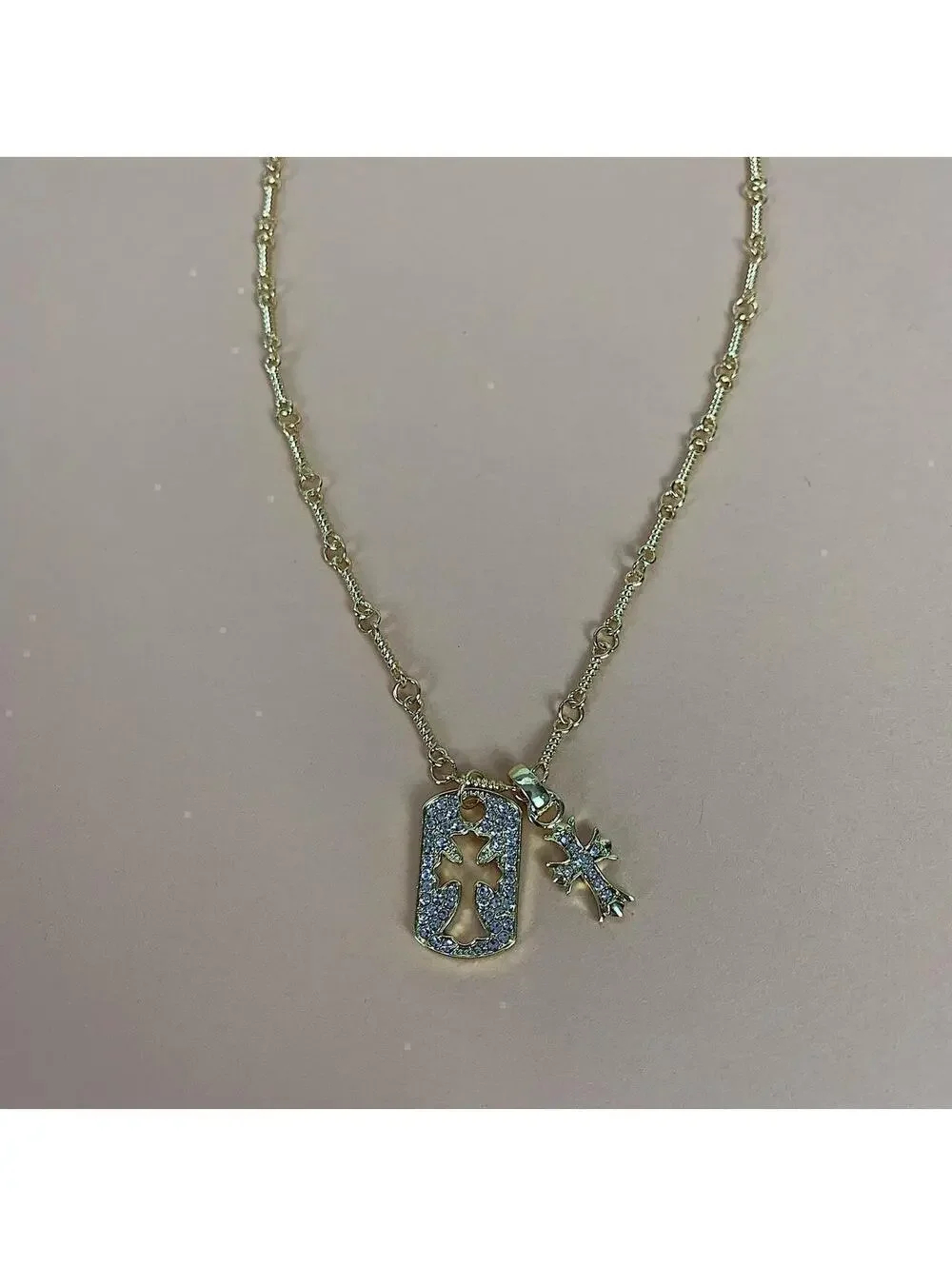 y2k 2000s style grunge gold chrome rhinestone cross dog tag style pendant